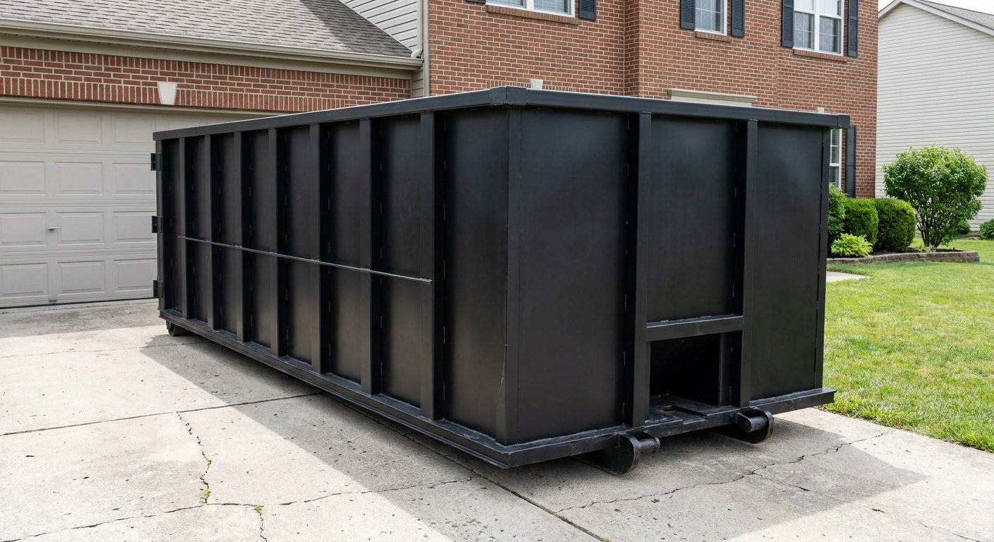 Matte-black 20-yard roll-off container on a Downey residential concrete driveway with reinforced ribbed steel sidewalls and a hinged rear walk-in door, clean bright daylight.