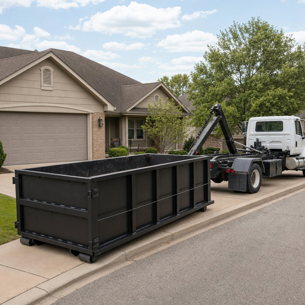Wide documentary shot of a matte-black roll-off dumpster on a Downey residential driveway in the foreground and a contractor jobsite container in the soft-focus background, bright daylight, calm and orderly composition.